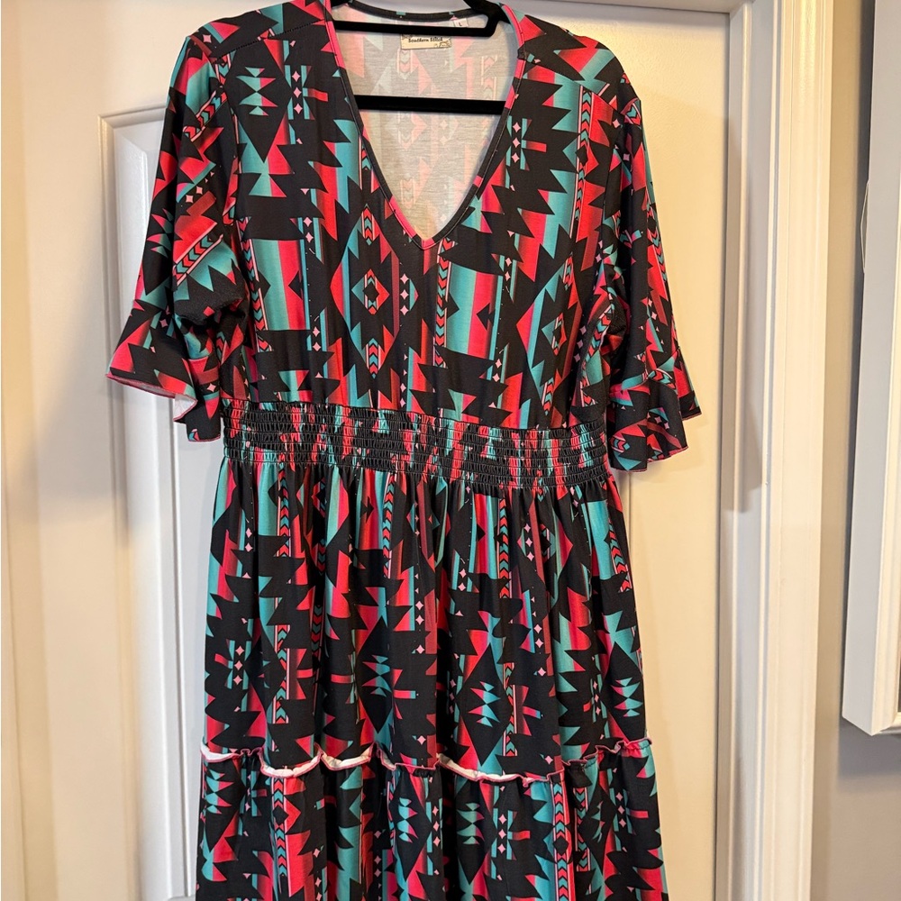 Southern Stitch Black Aztec Print Midi Dress